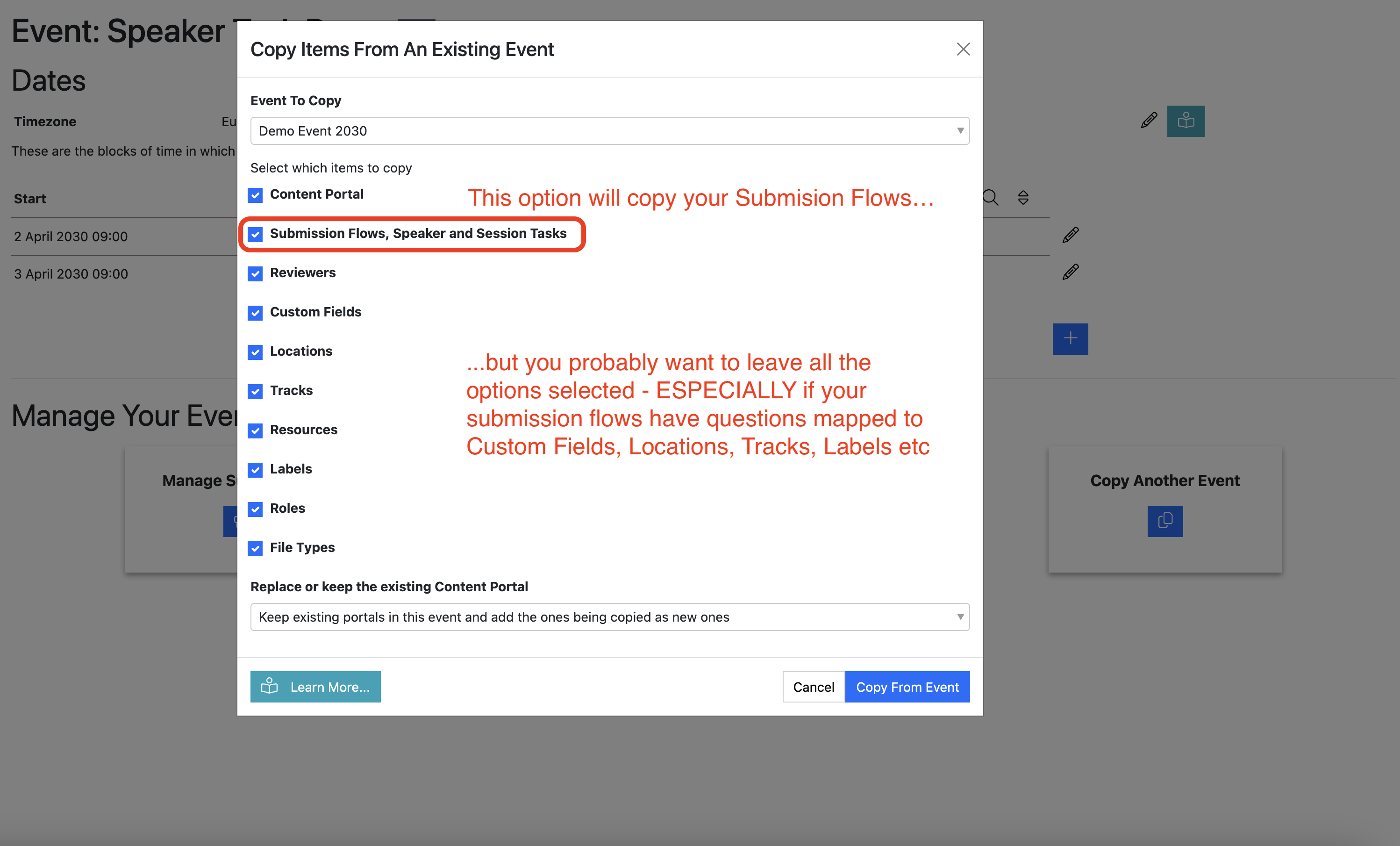 Screenshot of Copy Event dialogue box