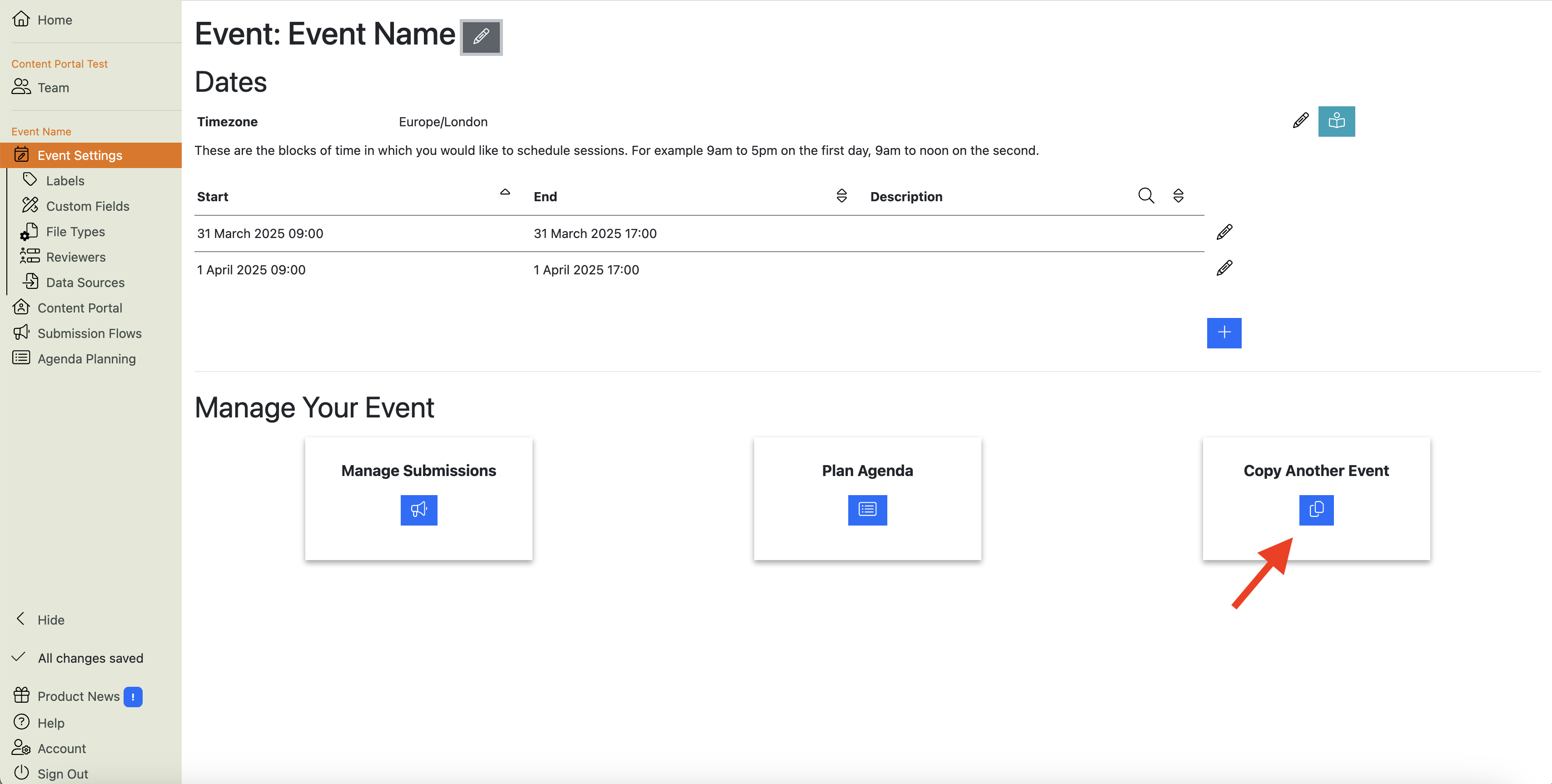 Screenshot of the Event Settings Page showing where to click to copy items from another event.