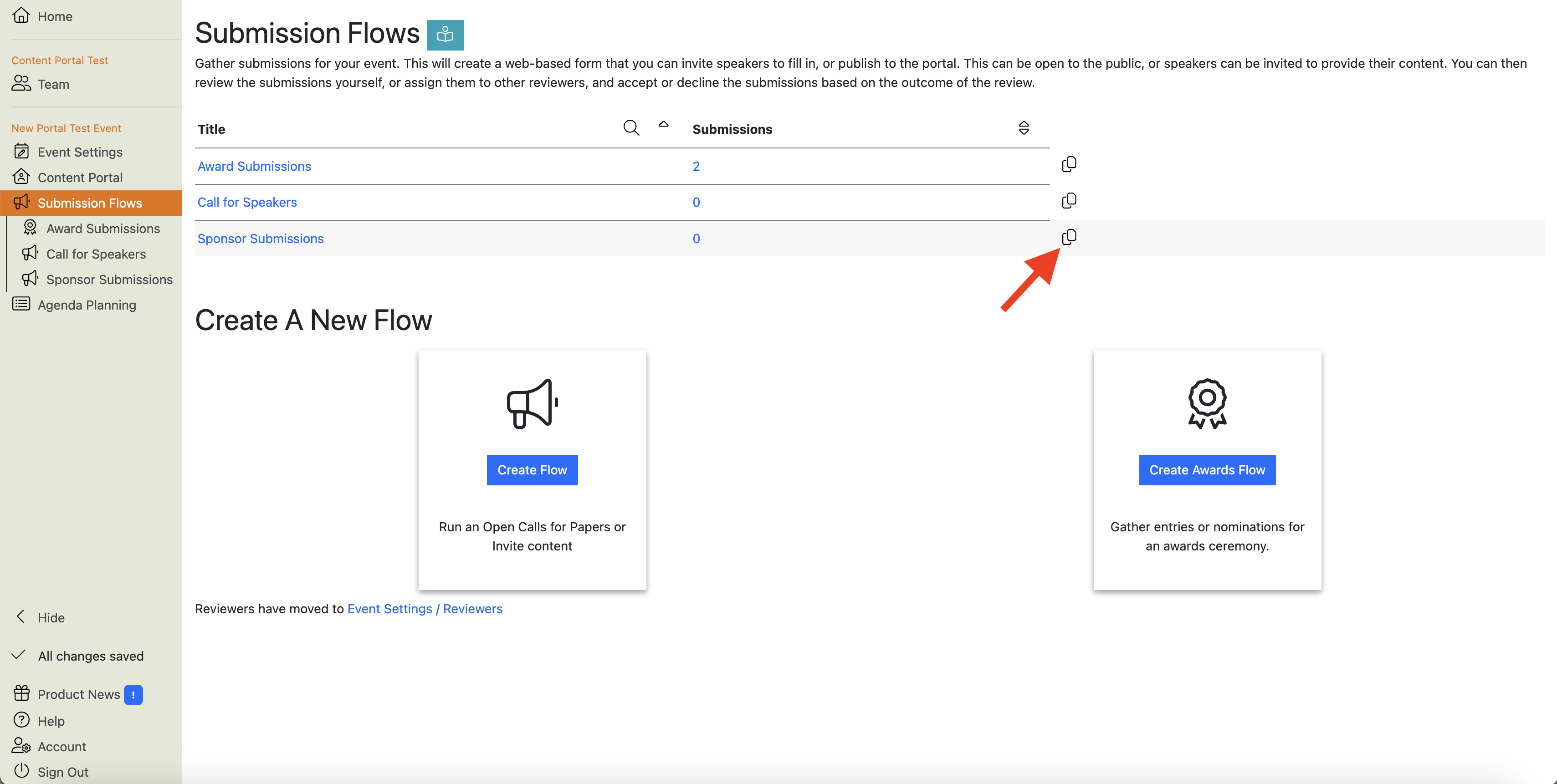 Screenshot showing the Copy Submission Flow button