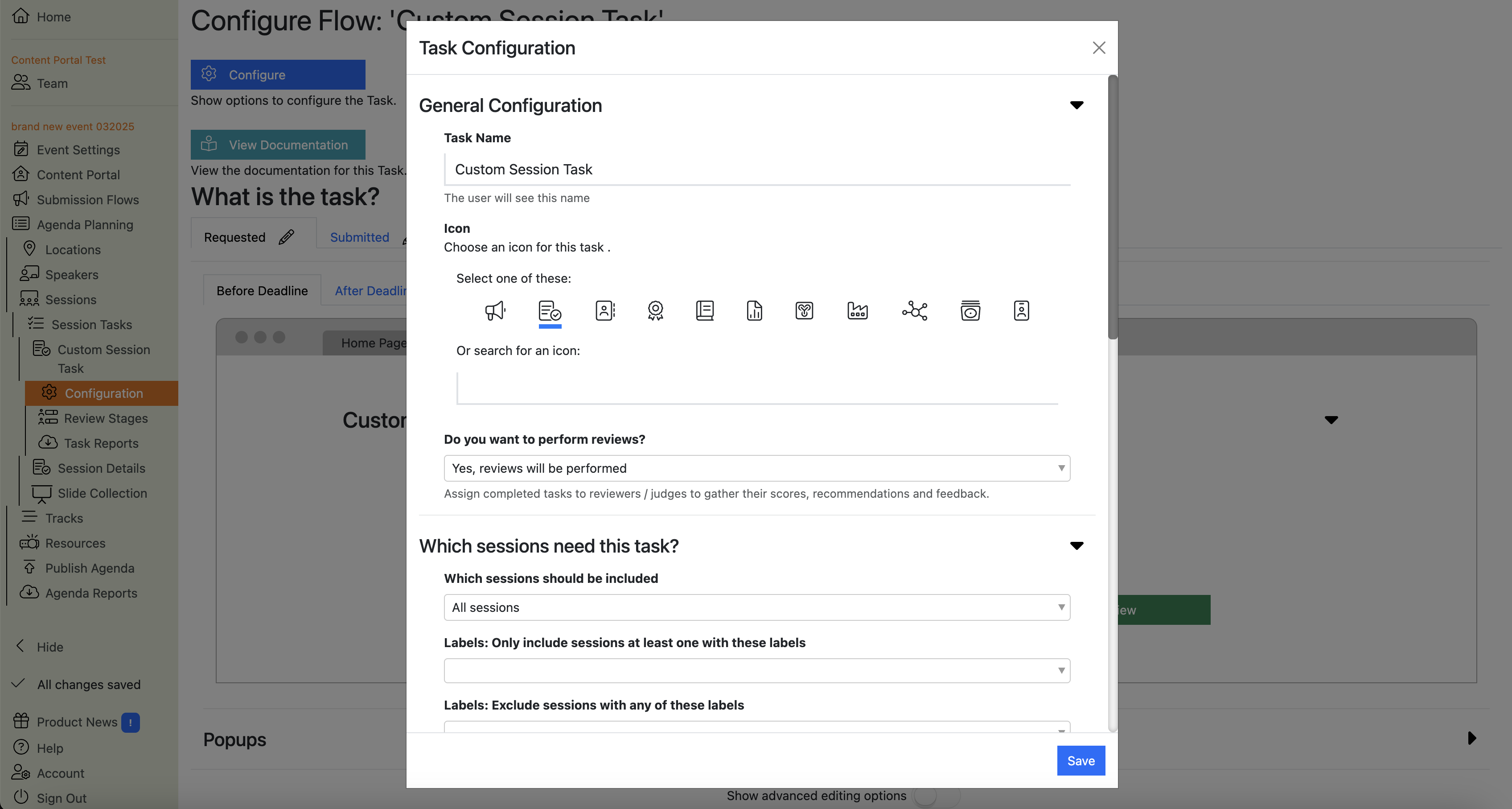 Screenshot of the Customer Session Task configuration page with the Configuration dialogue popup open