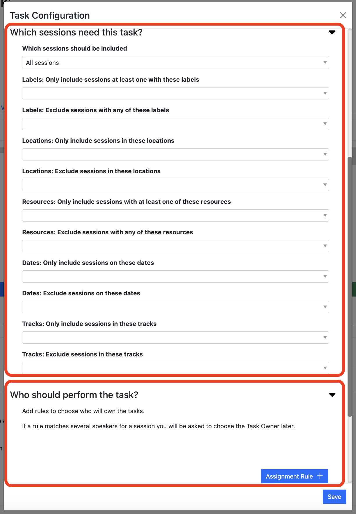 Screenshot showing the Custom Session Task configuration popup, asking the user which sessions need the task, and who the task owner should be