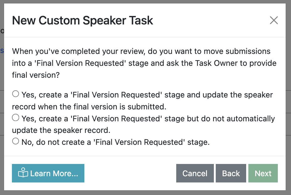 Screenshot of the Create Custom Speaker Task wizard, asking the user if they want to add a ‘Final Version Requested’ stage to their process