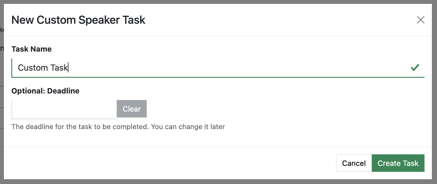 Screenshot of the Create Custom Task wizard showing the name and deadline input screen