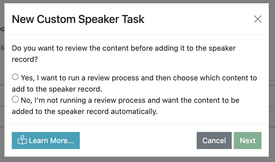 Screenshot of the Create Custom Task wizard asking if the user wants to review the content before the content is added to the speaker record
