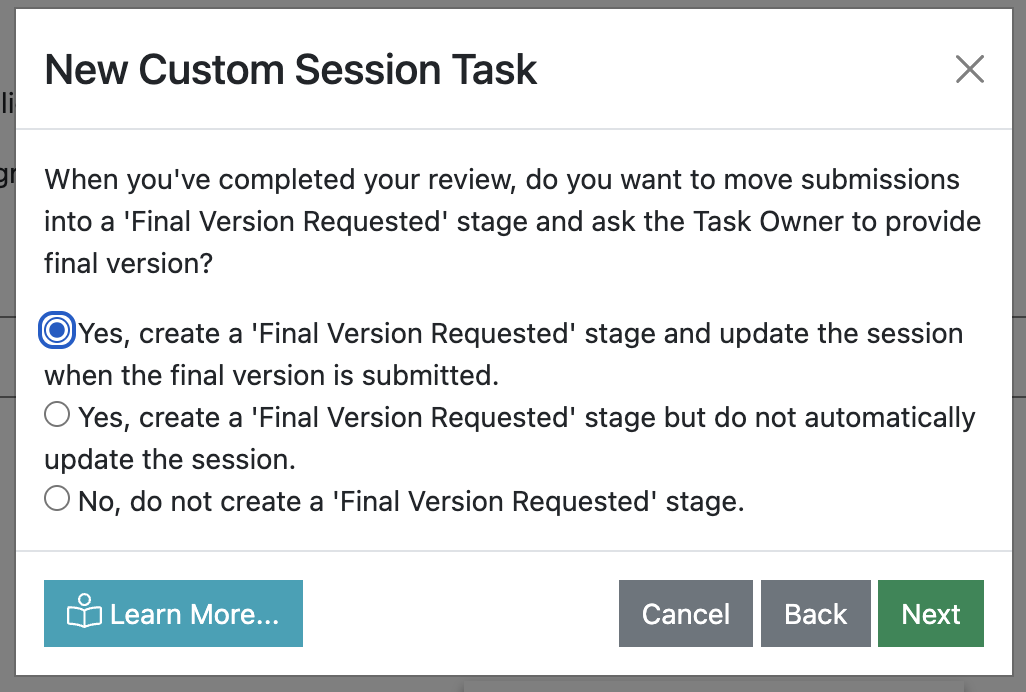 Screenshot of the Create Custom Session Task wizard, asking the user if they want to add a ‘Final Version Requested’ stage to their process