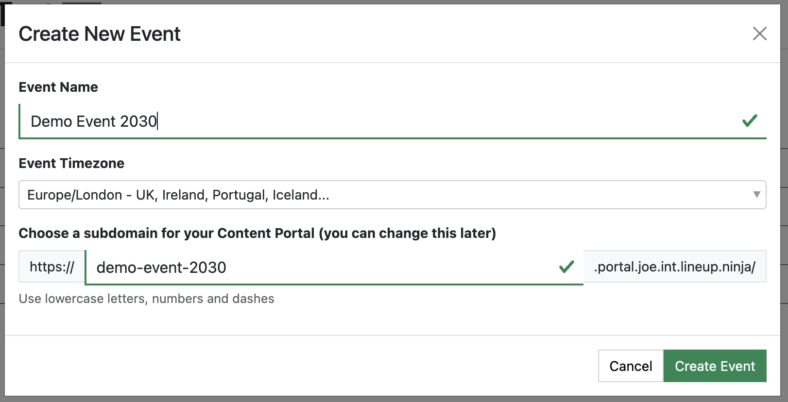 Screenshot of the Create New Event dialogue box
