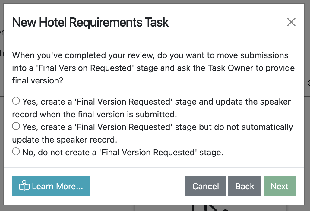Screenshot of the Hotel Requirements Task wizard, asking the user if they want to create a final version stage?