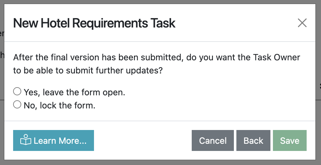Screenshot of the Hotel Requirements Task wizard, asking the user if they want to lock form after the final version has been submitted by the user