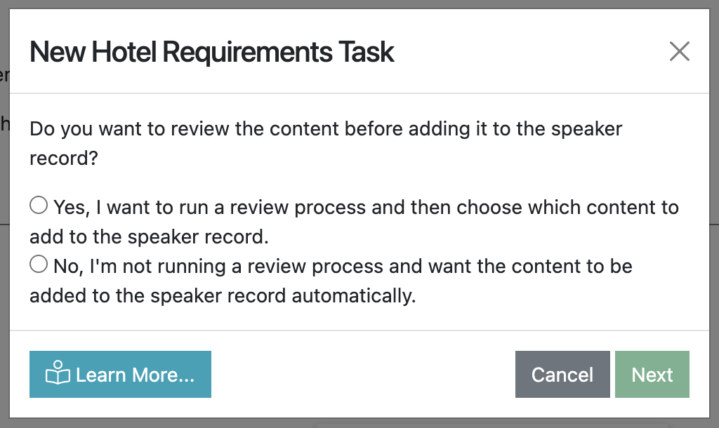 Screenshot of the Create Hotel Requirements Task wizard, asking the user if they wish to review content before updating the speaker’s record.
