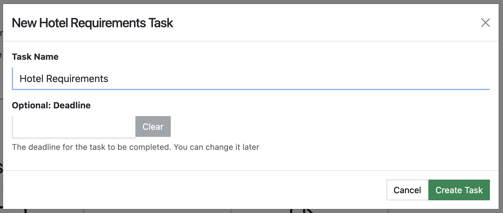 Screenshot of the Hotel Requirements Task Name dialogue