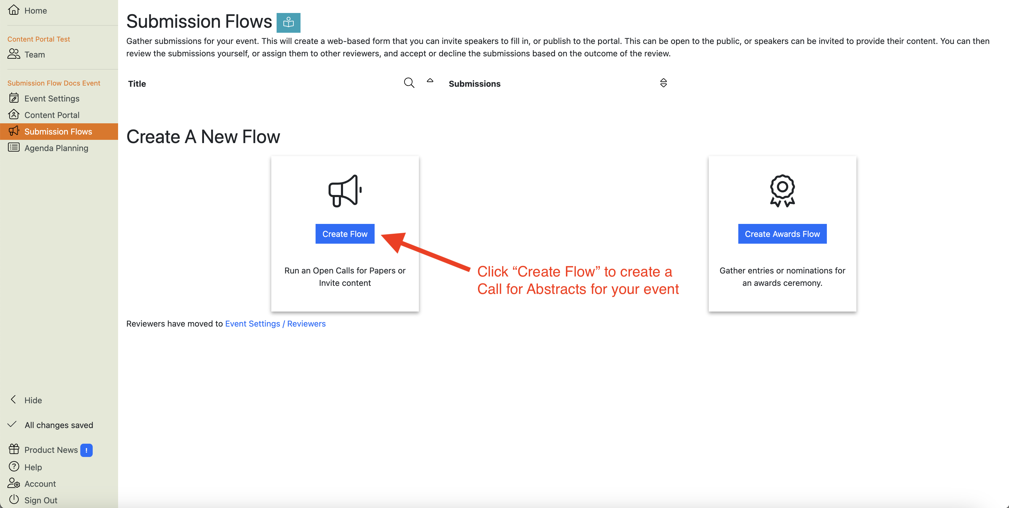 Screenshot of the Submission Flows page showing which button to press