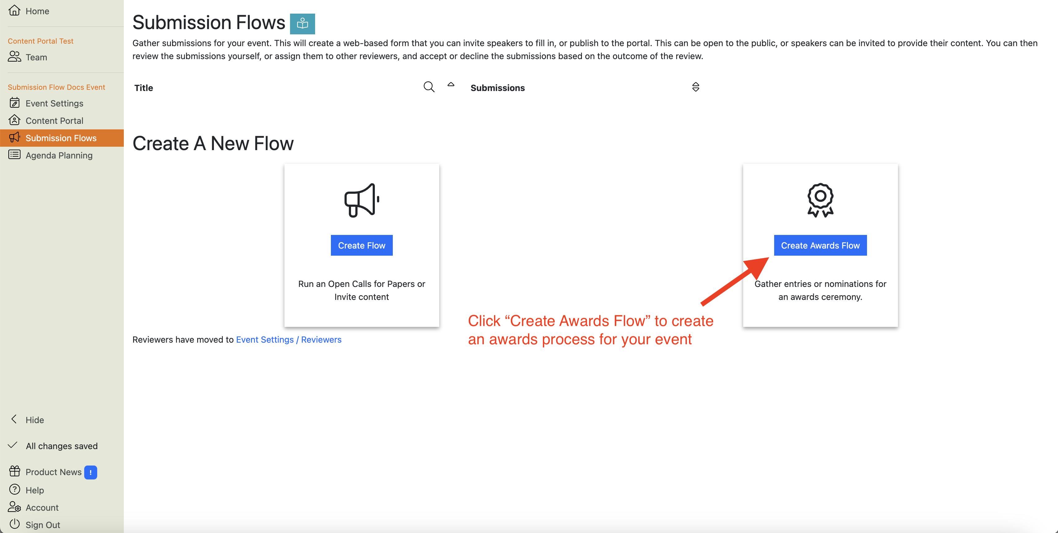 Screenshot of Submission Flows Page showing which button to click to create a new awards process