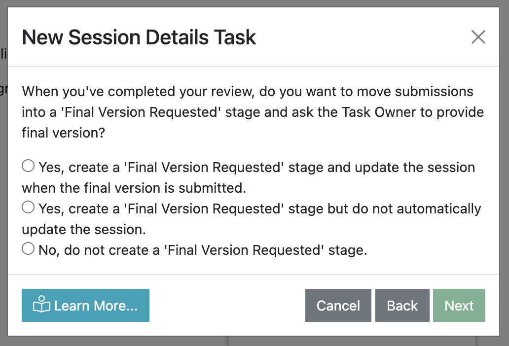 Screenshot of the Create Session Details wizard showing the page that asks task owners if they want to include a  Final Version Stage of the task