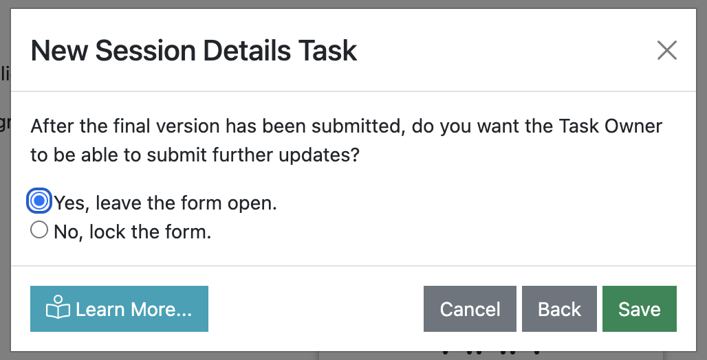 Screenshot of the Create Session Details wizard asking the user if they want to lock the form
