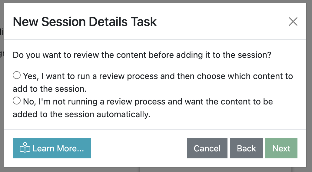 Screenshot of the Create Session Details Task wizard screen that asks the user if they want to review content before updating the session