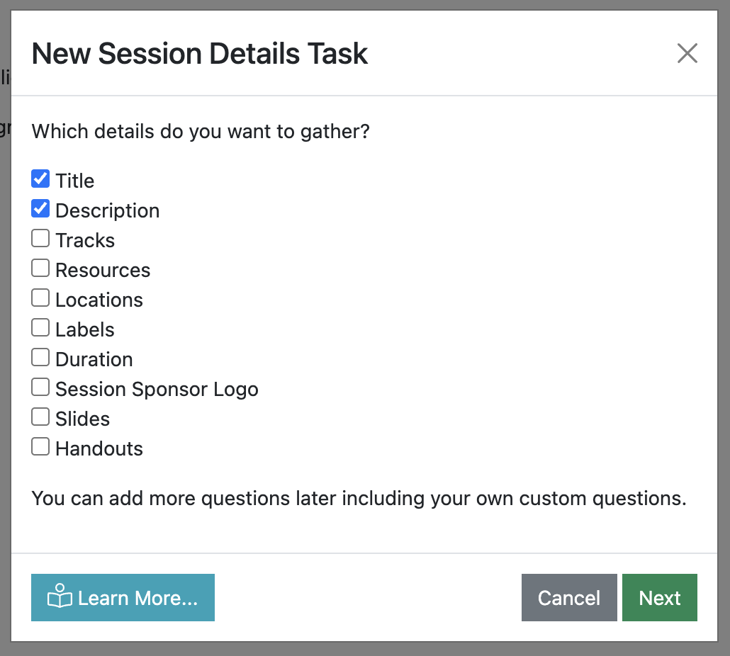 Screenshot of the Create Session Details Task wizard’s fields input screen