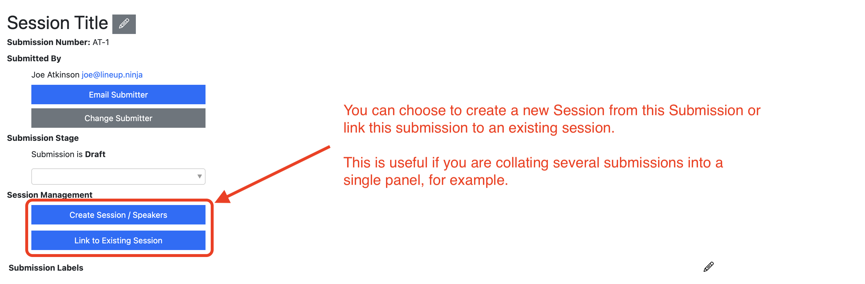 Screenshot of part of the SUbmission View showing the "Create Session" and "Link to existing session" buttons