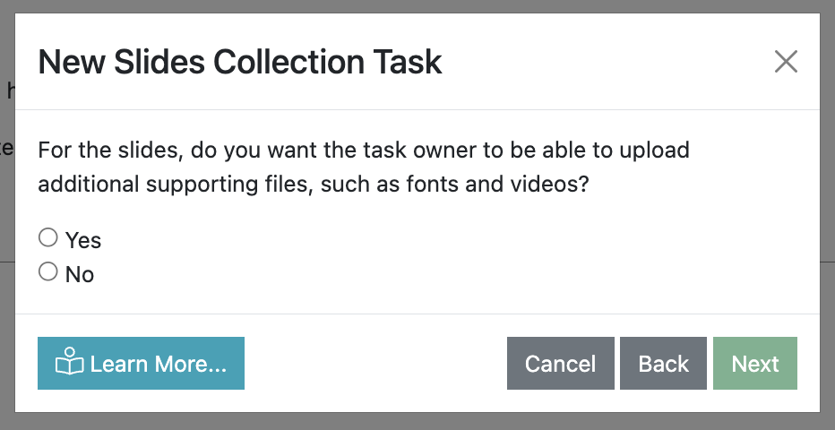 Screenshot of the Slide Collection Task wizard, showing the page that asks the user if Task Owners should be able to upload additional files