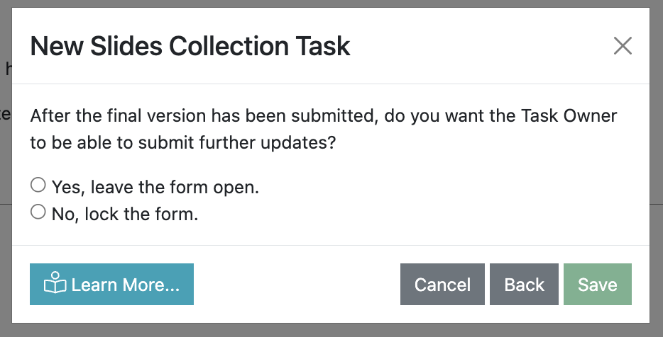 Screenshot of the Create "Collect Slides Task" wizard asking the user if they want to lock the form