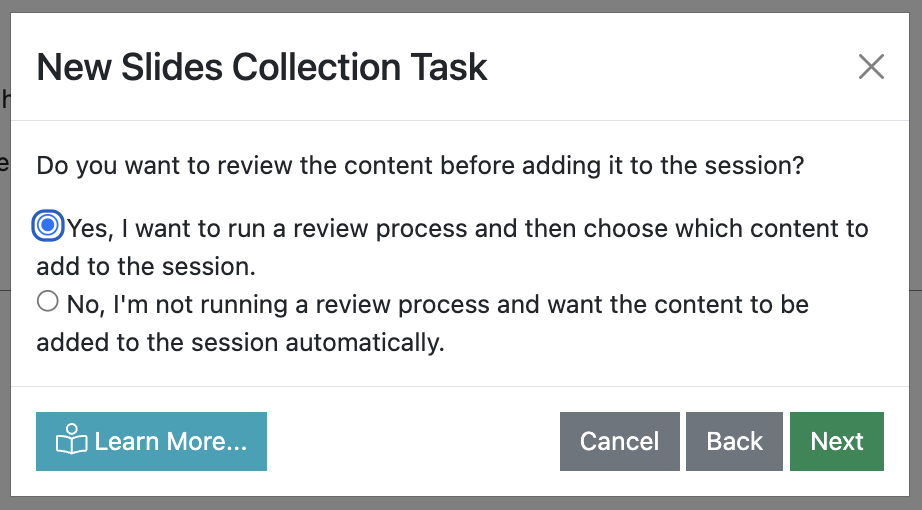 Screenshot of the "Create Slide Collection Task" wizard, showing the page that asks the user if they want to review content before updating the associated sessions