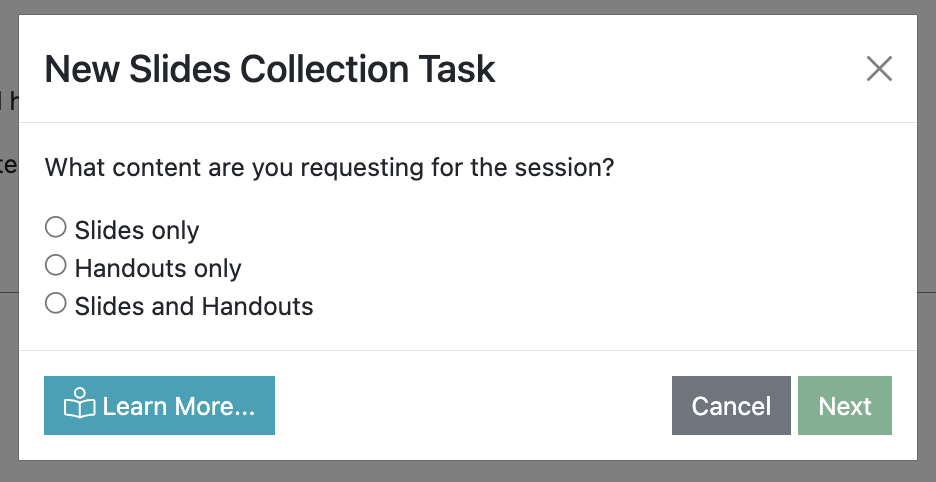 Screenshot of the Create Slide Collection Task wizard showing the page which asks the user to choose which type of content they want to capture
