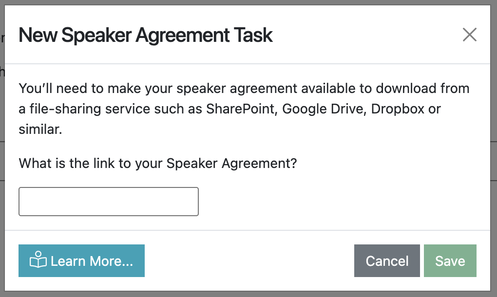 Screenshot of the Create Speaker Agreement Task Wizard: link input dialogue box