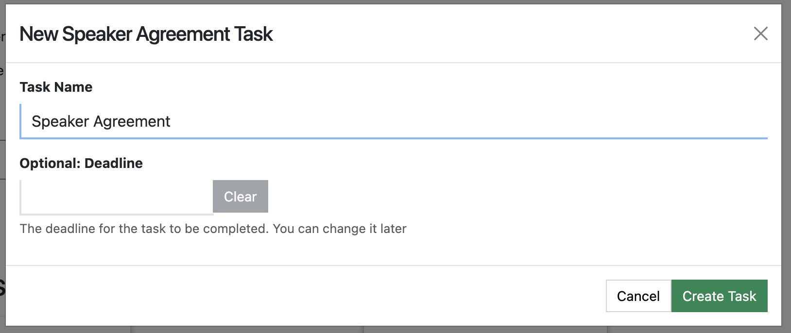 Screenshot of the Create Speaker Agreement Task Wizard: Task Name input dialogue box
