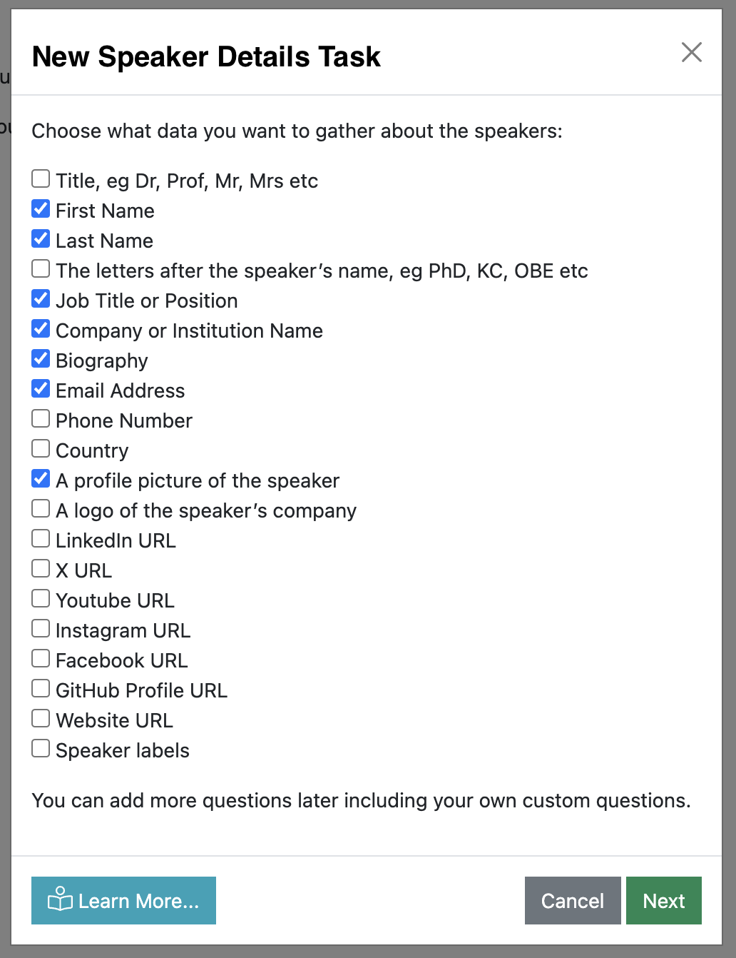 Screenshot of the New Speaker Details Task Wizard, showing the speaker fields dialogie box