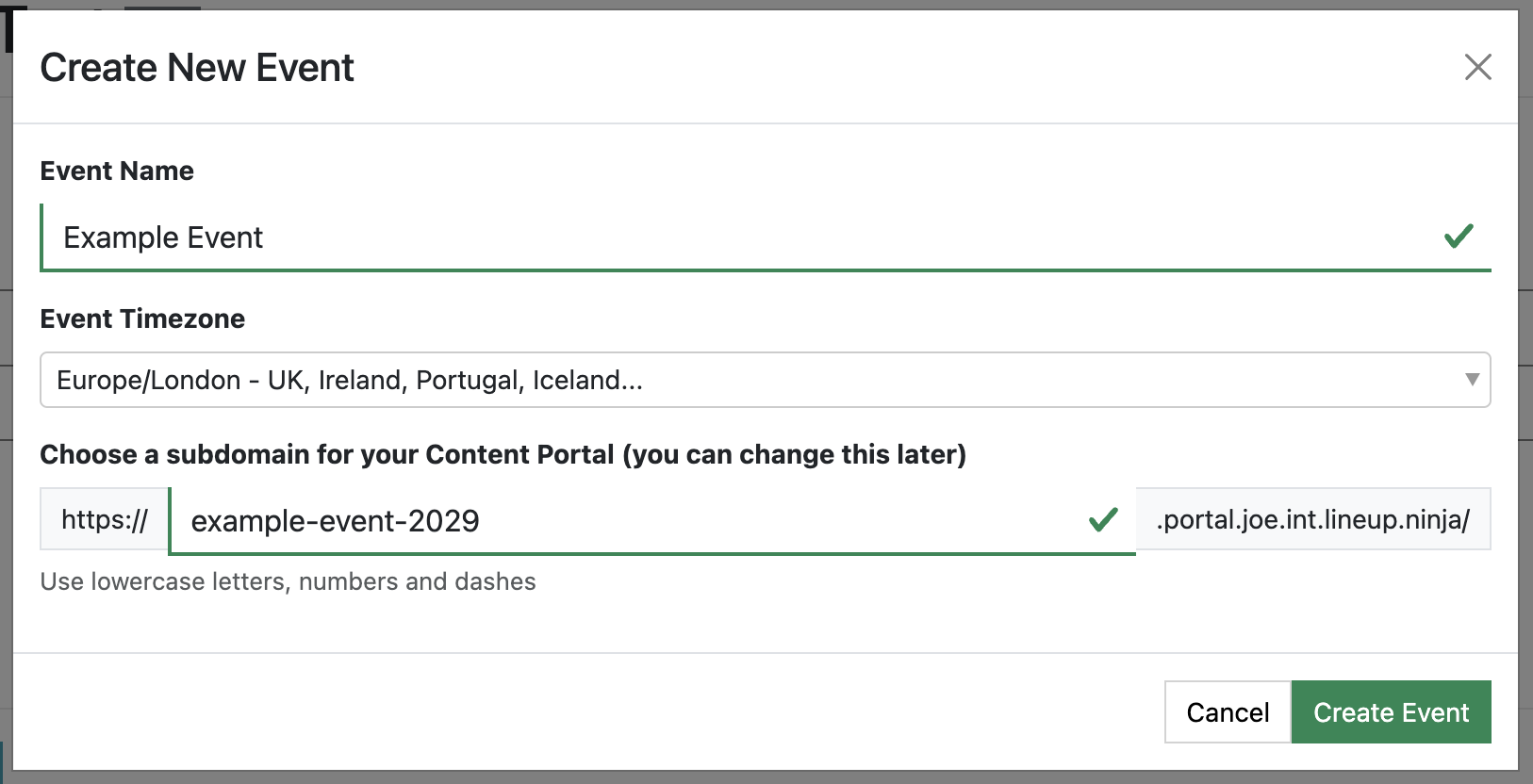 A screenshot of the Create New Event dialogue popup