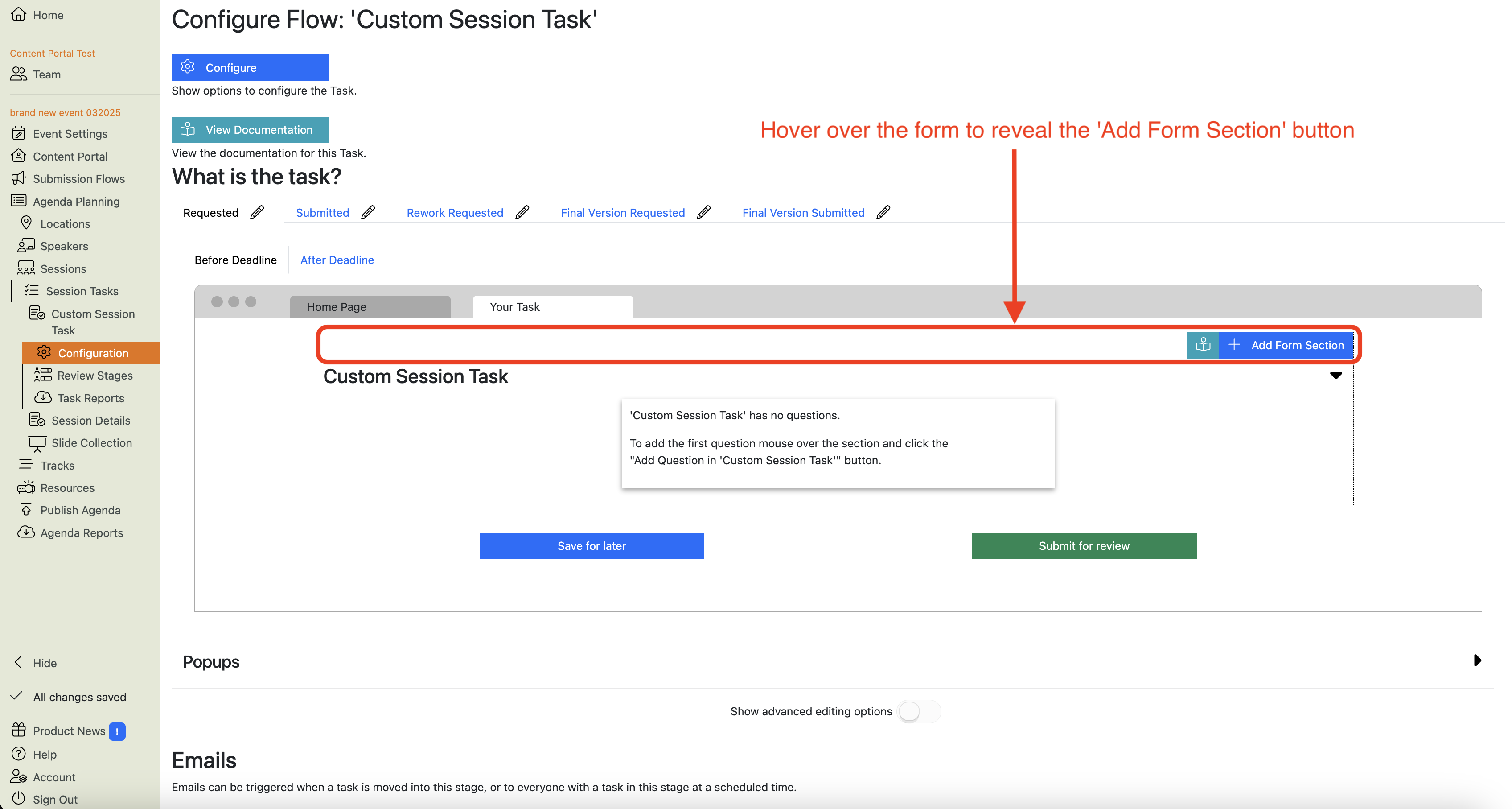 Screenshot of the Custom Session Task Configuration Main View, showing the effect of hovering over the form