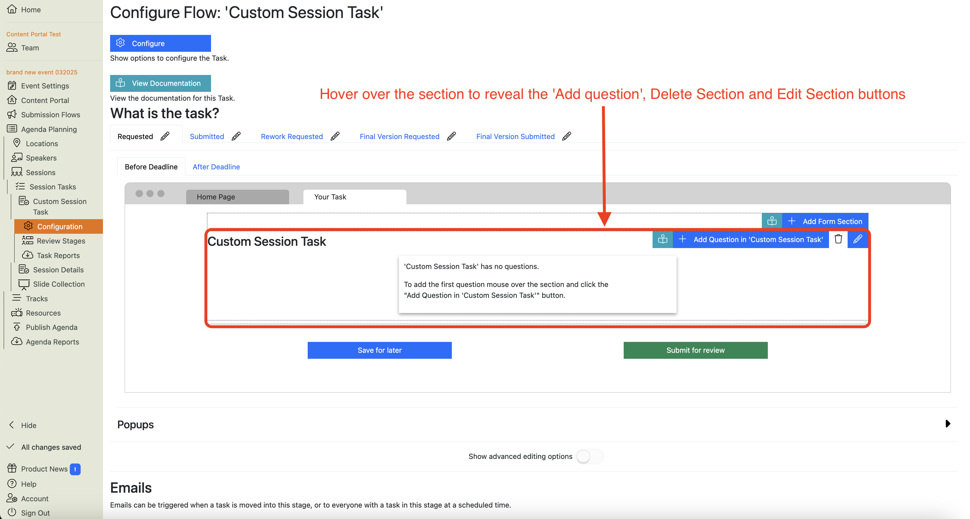 Screenshot of the Custom Session Task configuration main view