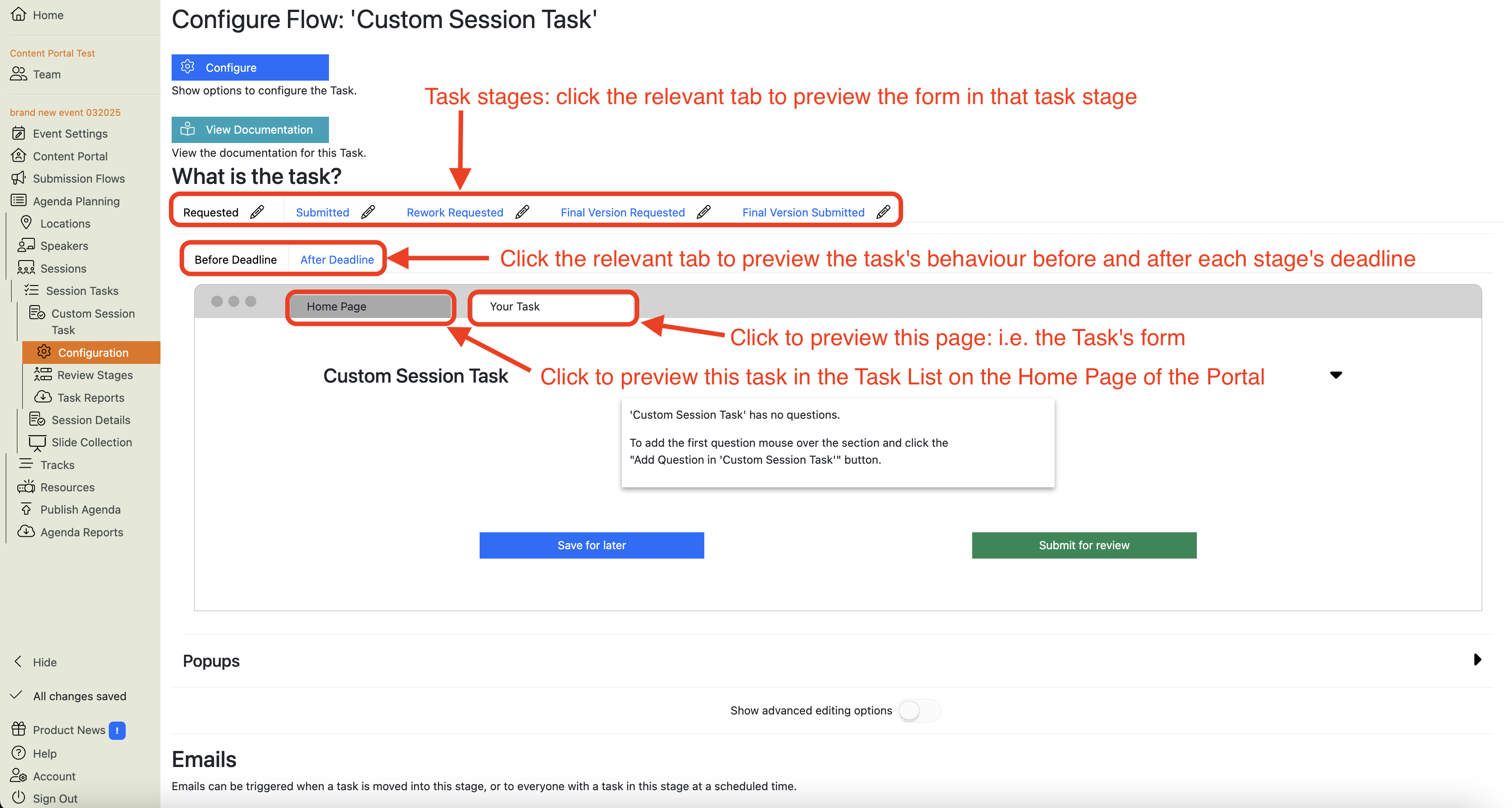 Screenshot of the Custom Session Task Configuration main view