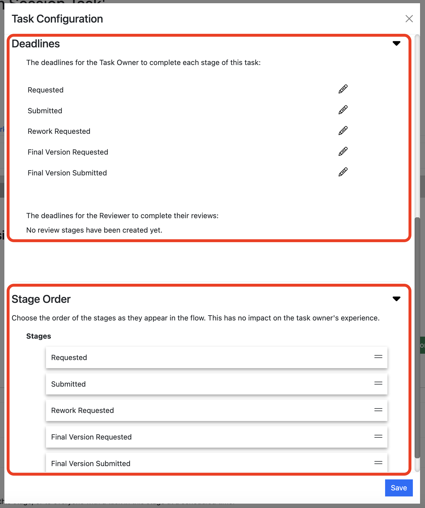 Screenshot of the Custom Session Task Configuration popup showing: stage deadlines and order sections