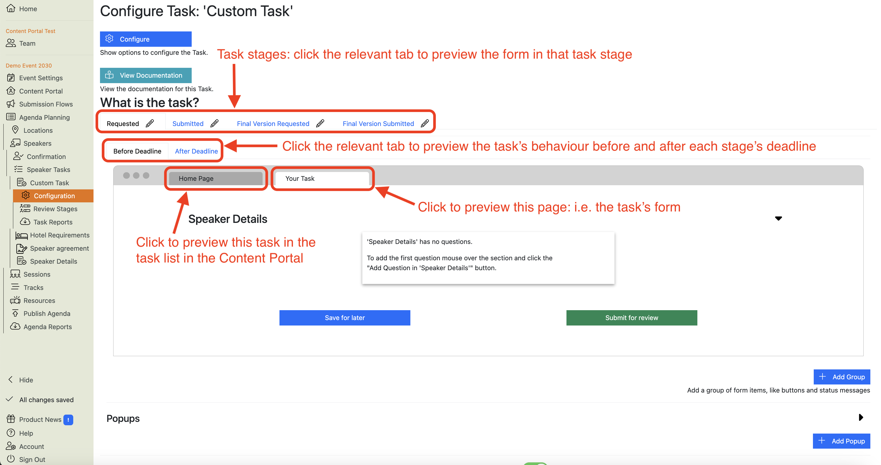 Screenshot of the Custom Task Configuration main view