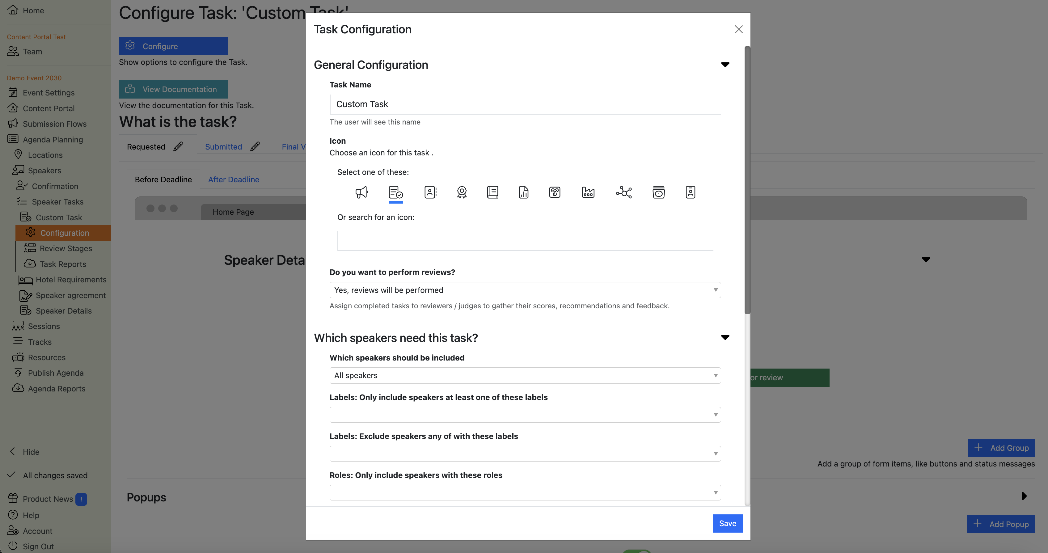 Screenshot of the Customer Speaker Task configuration page with the Configuration dialogue popup open