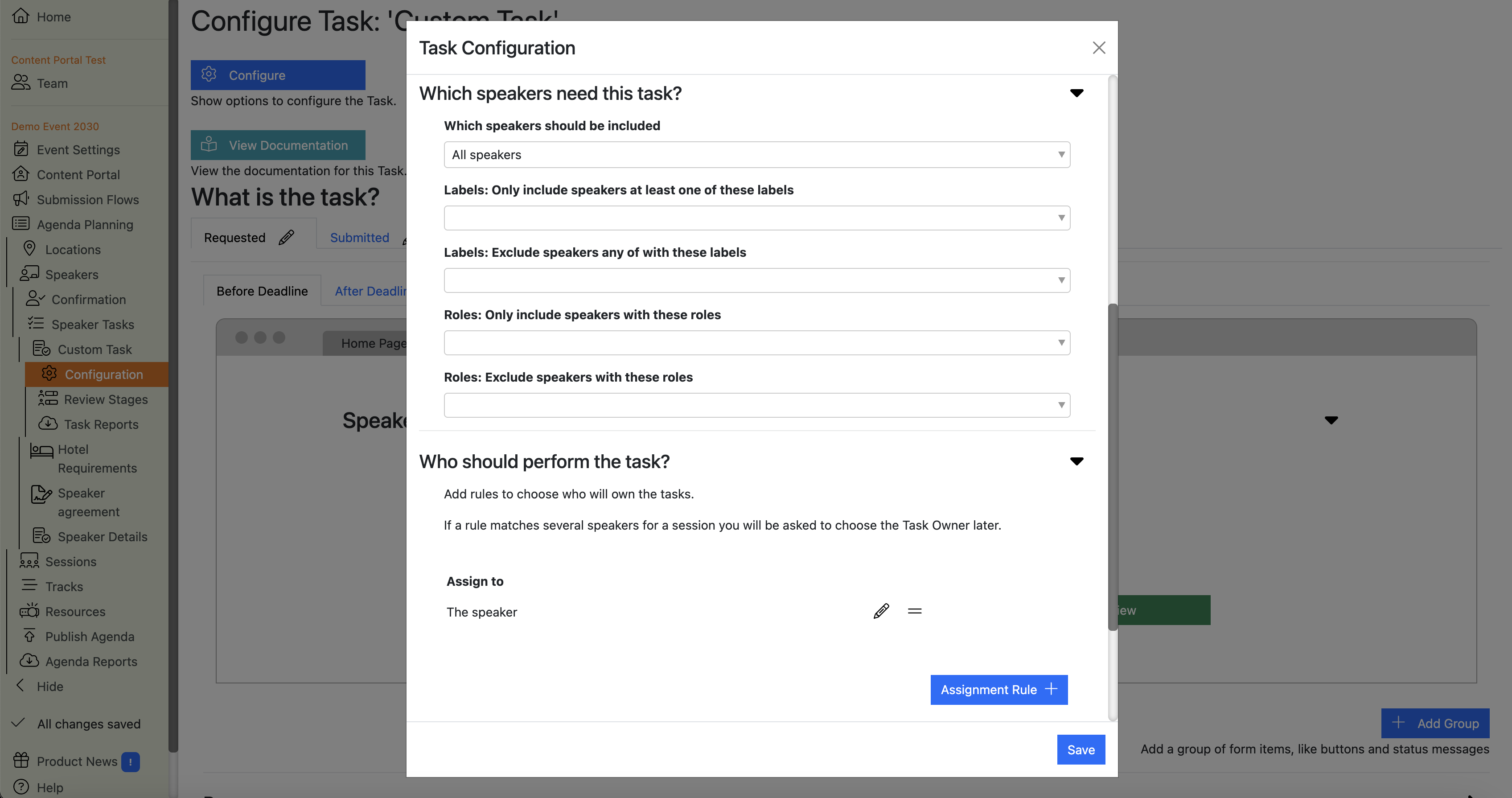 Screenshot showing the Custom Speaker Task configuration popup, asking the user which speakers need the task, and who the task owner should be