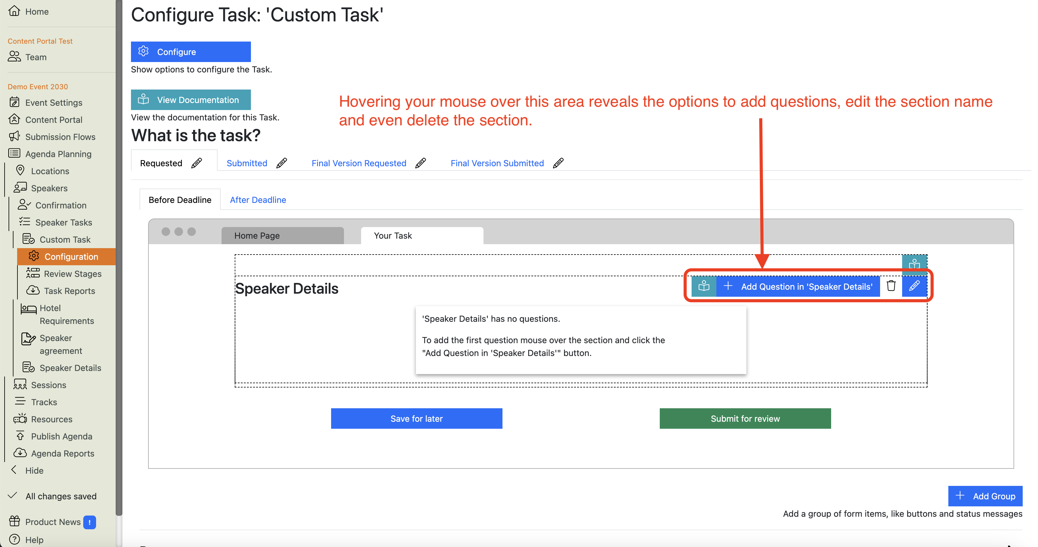 Screenshot of the Custom Speaker Task configuration main view
