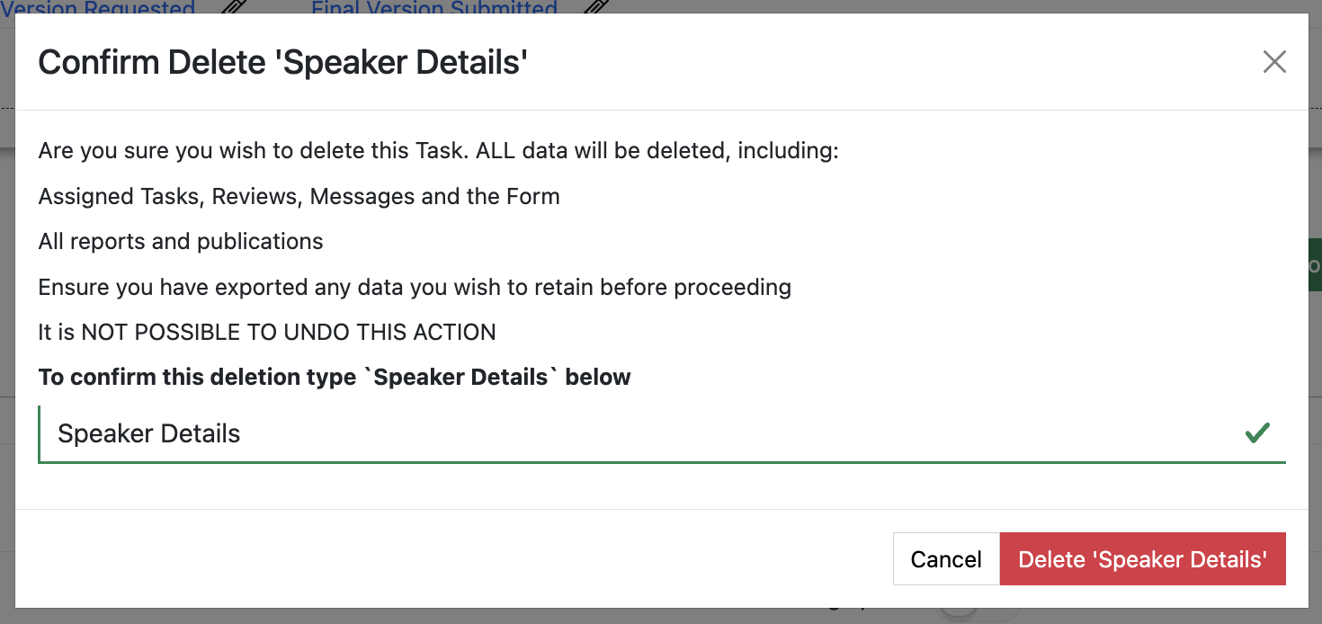 Screenshot showing the Delete Speaker Task confirmation popup