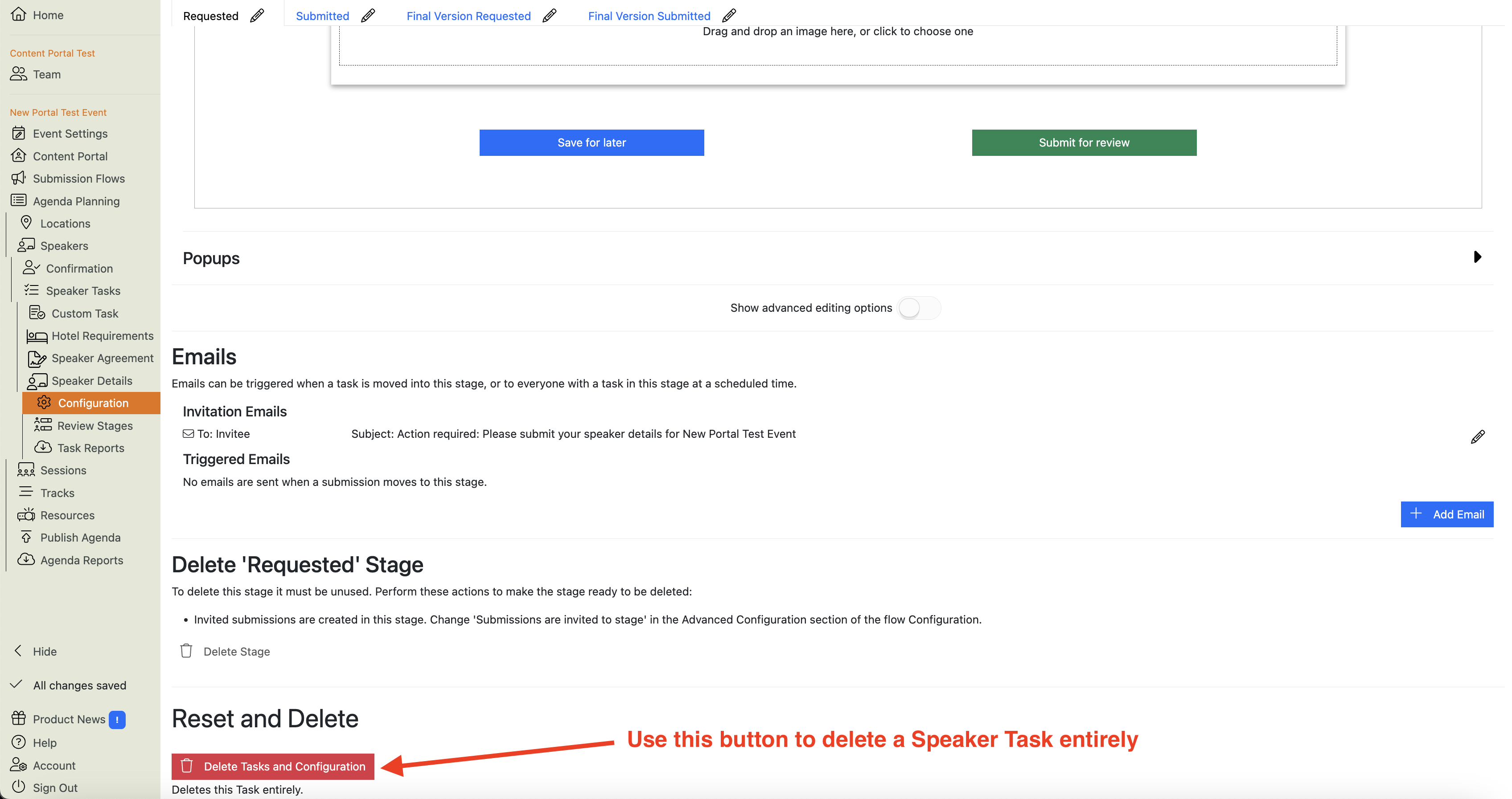 Screenshot of the Speaker Details Task configuration page showing the "Delete Tasks and Configuration" button