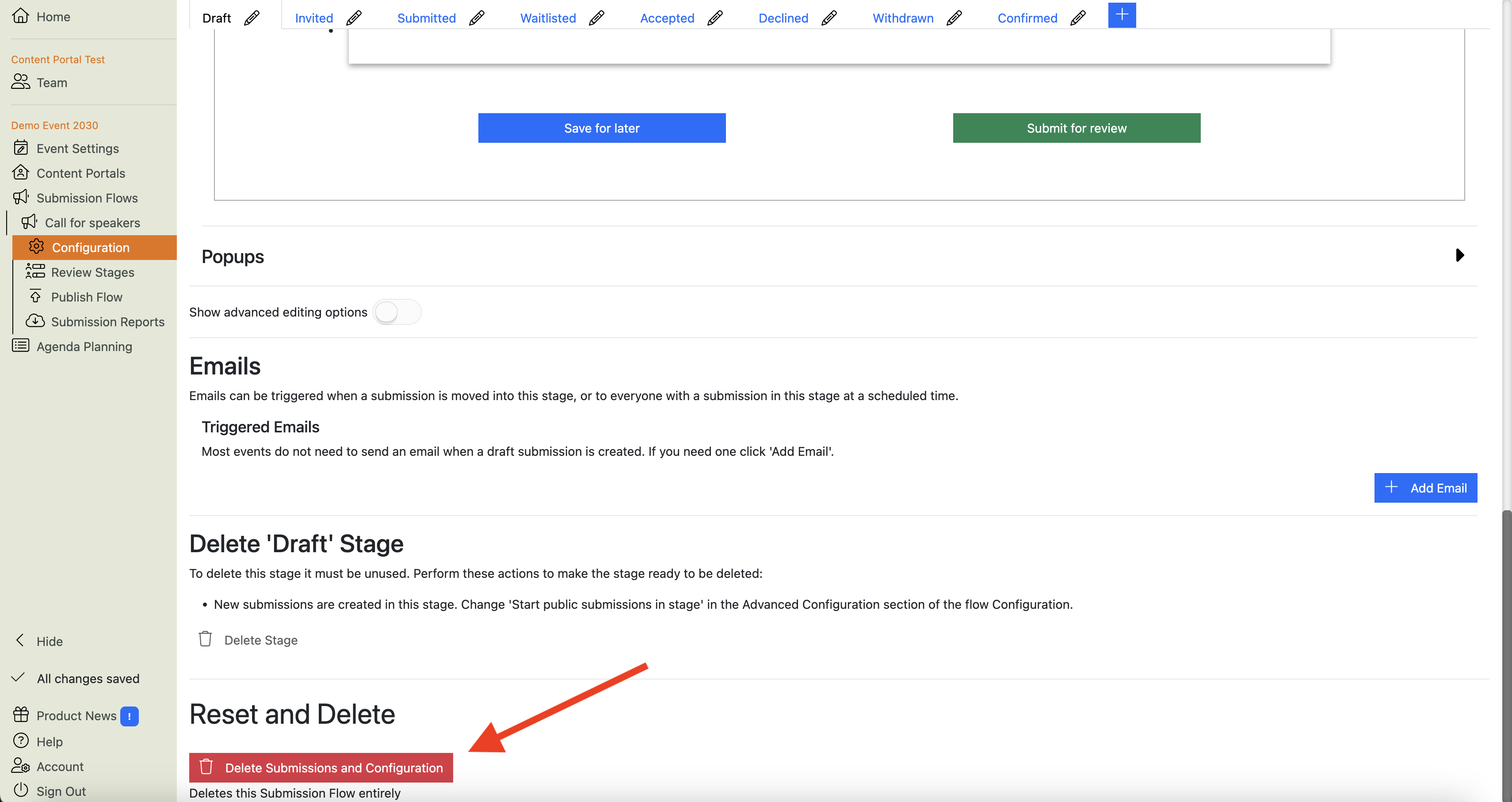 Screenshot of the Submission Flow Configuration page showing the "Delete Submissions and Configurartion" button within the Reset and Delete section