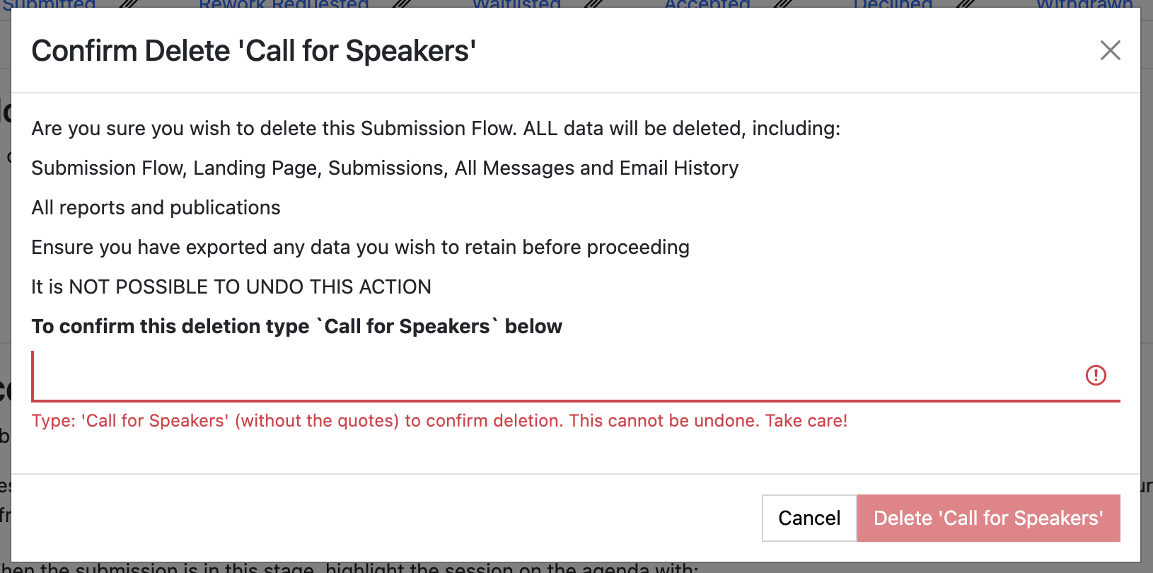 Screenshot of the Confirm Deletion of Submission Flow dialogue box