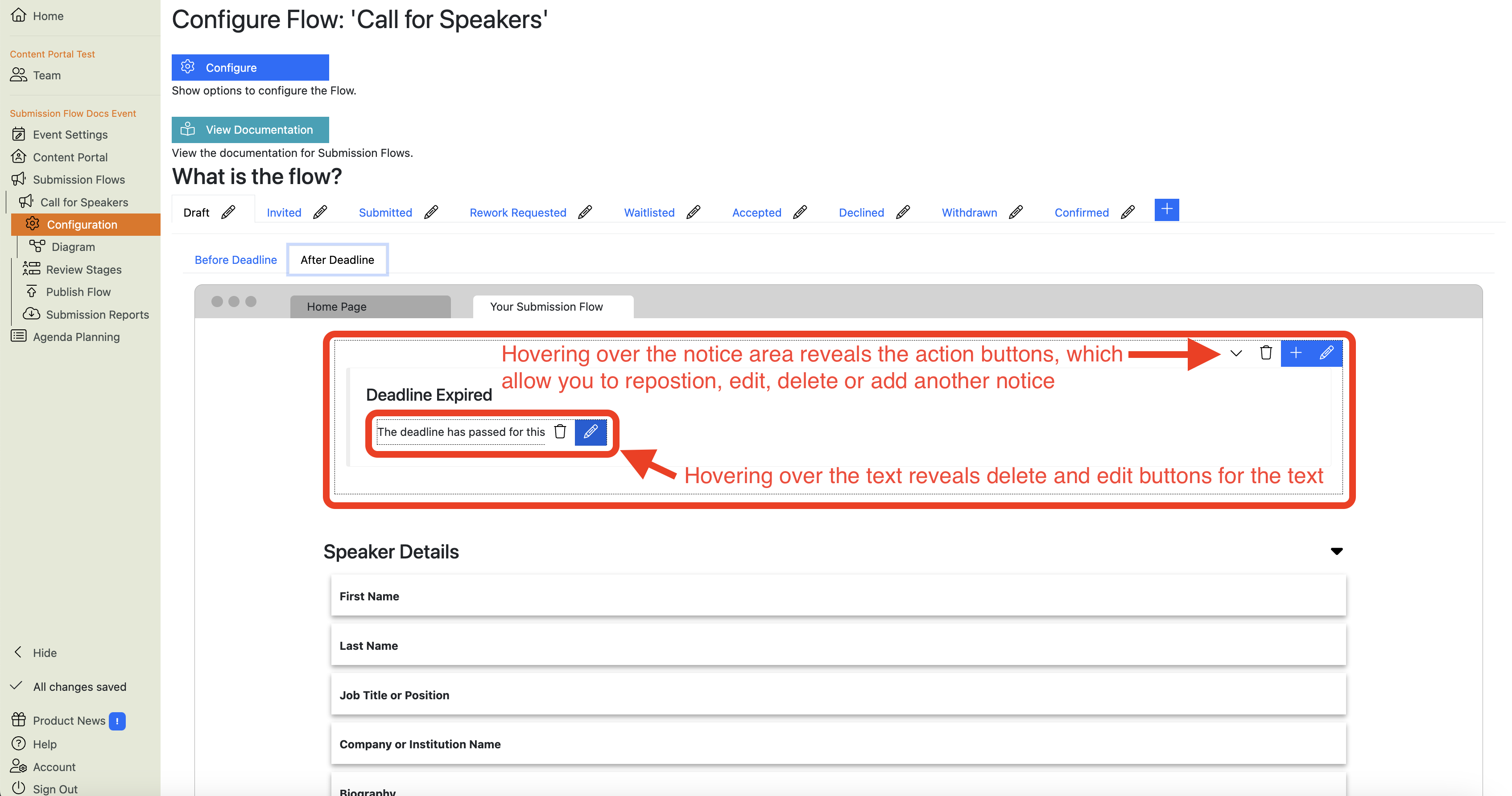 Screenshot of the Submission Flow configuration showing the Draft stage as it will appear after the deadline has expired, and how to edit the submitters’ experience