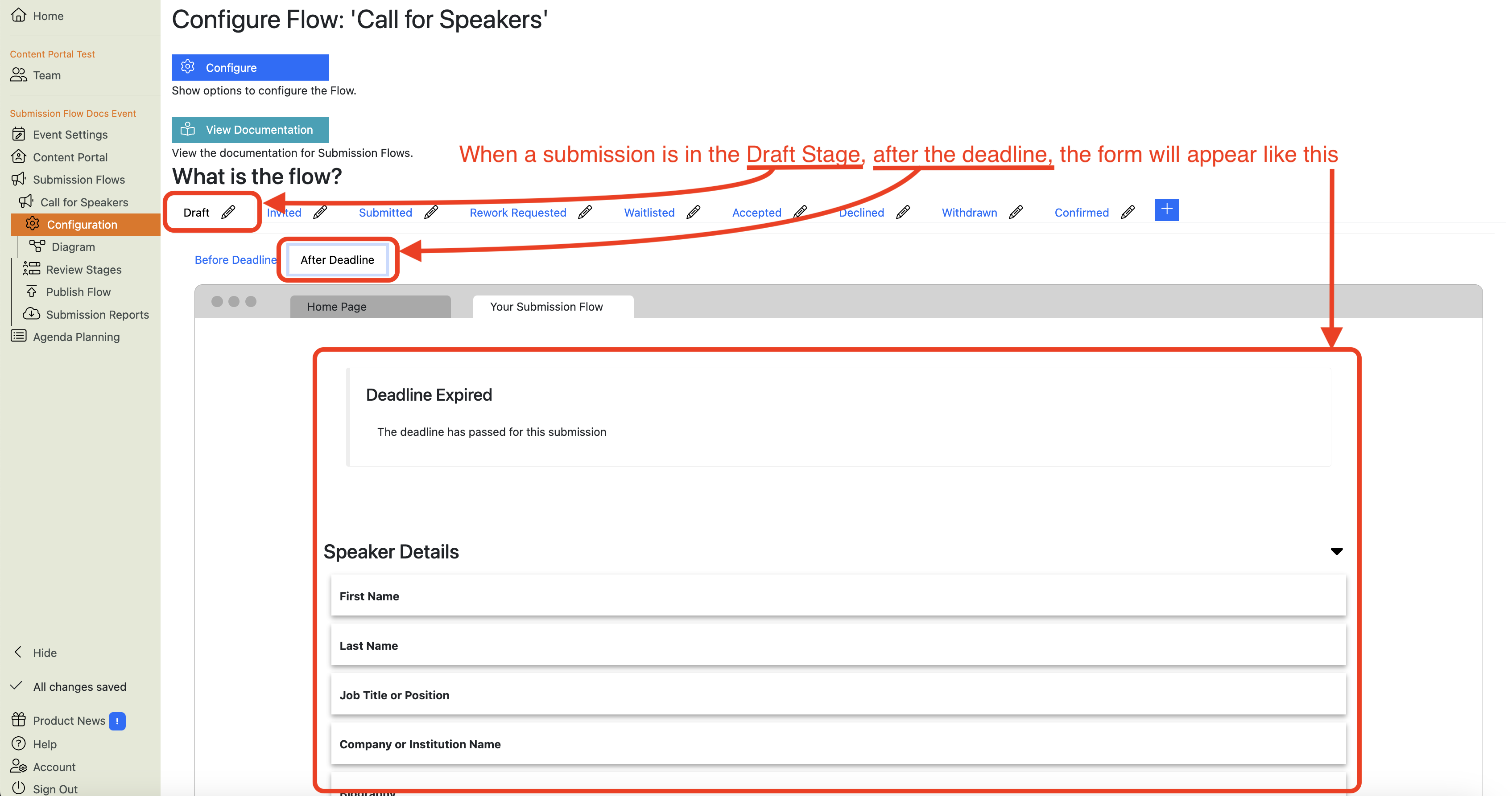 Screenshot of the Submission Flow configuration showing the Draft stage as it will appear after the deadline has expired