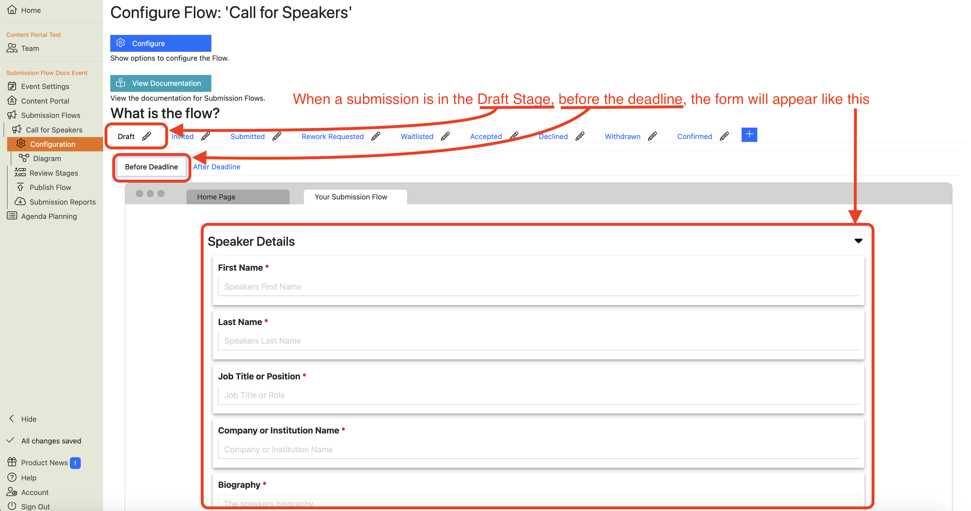 Screenshot of the Submission Flow configuration showing the Draft stage as it will appear before the deadline has expired