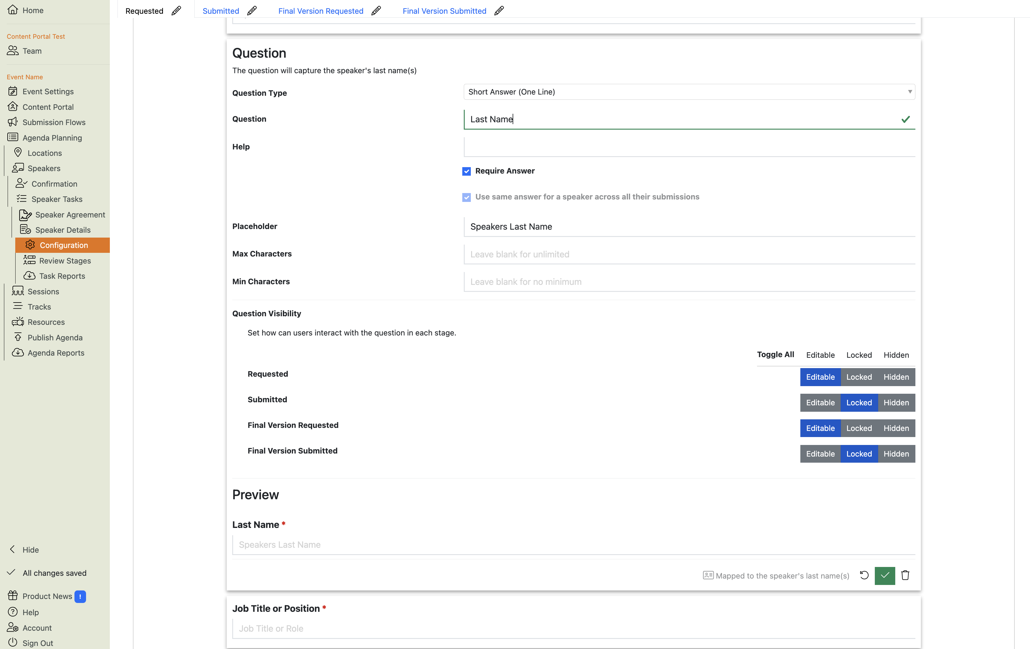 Screenshot of a question that has been opened for editing