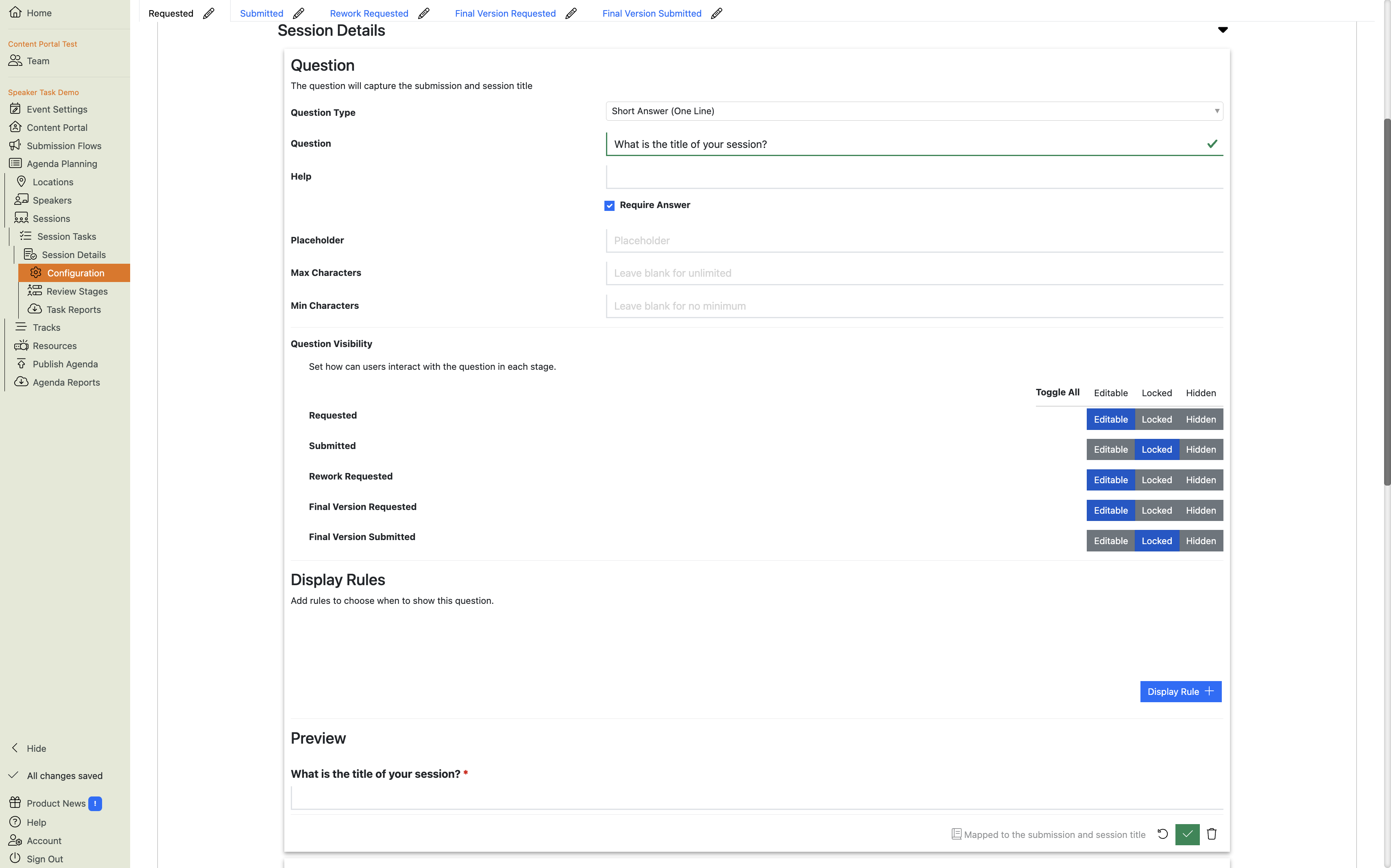 Screenshot of the Session Title question open for editing