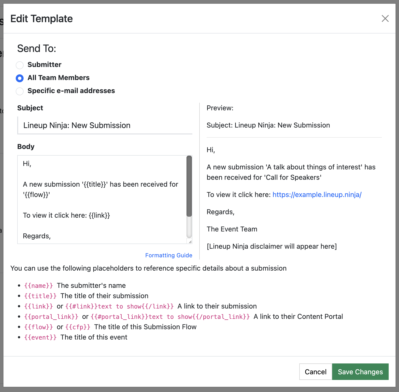 Screenshot showing the email template editor popup
