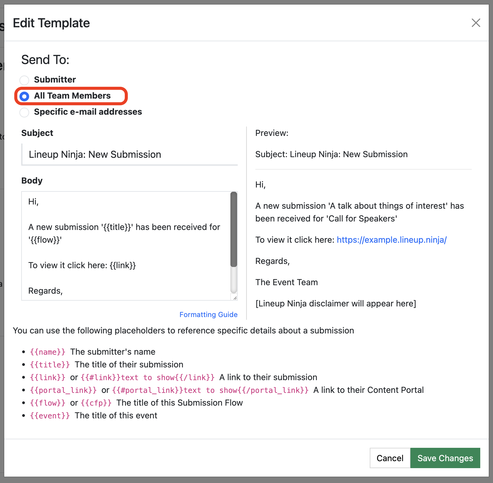 Screenshot of the email template editor popup highlighting the recipients