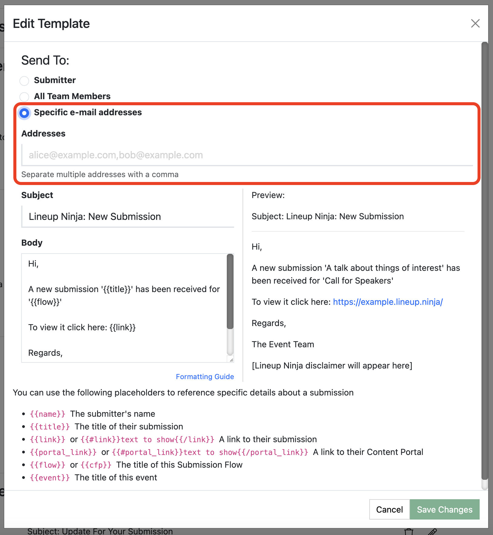 Screenshot of the email template editor popup showing how to enter specific recipients