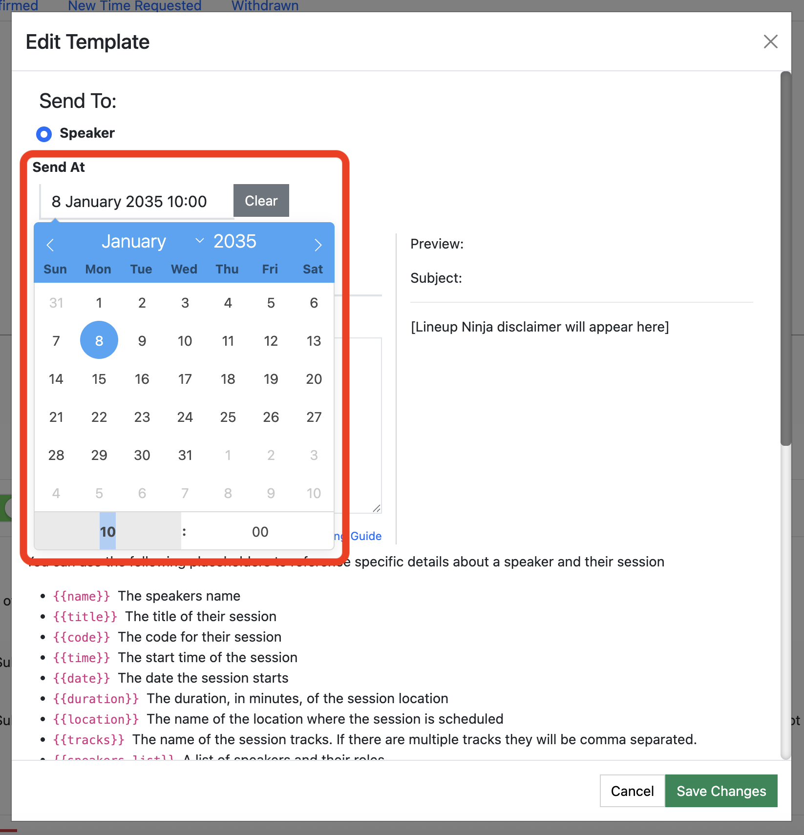 Screenshot of the Email Template Editor with the Scheduler highlighted